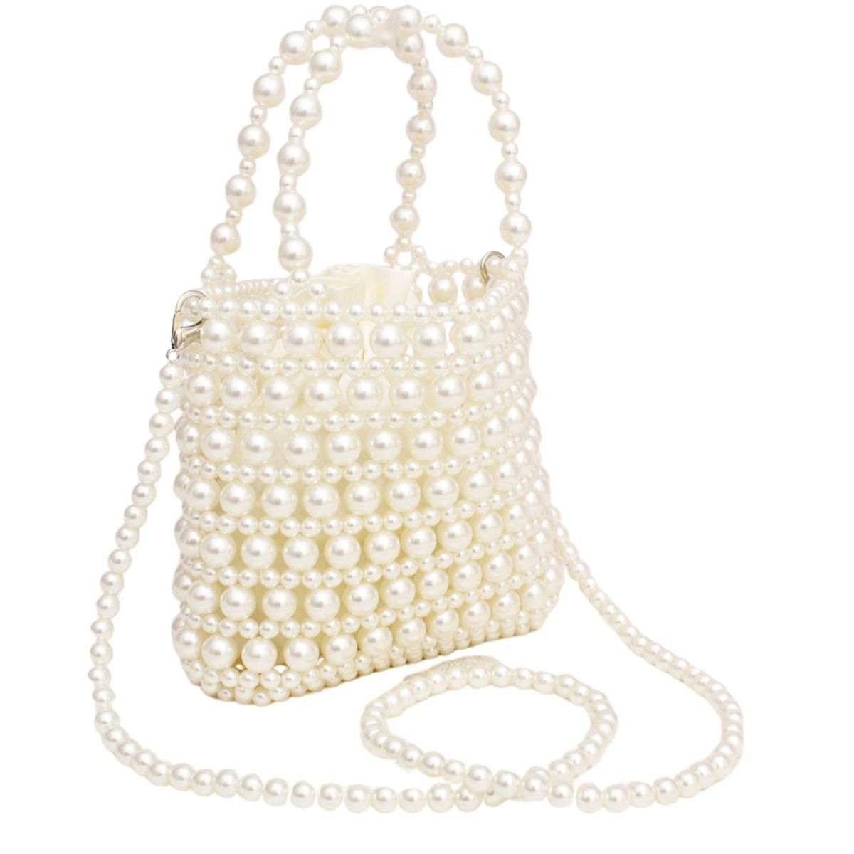 Top Handle Vintage Woven Cream Pearl Crossbody Bag