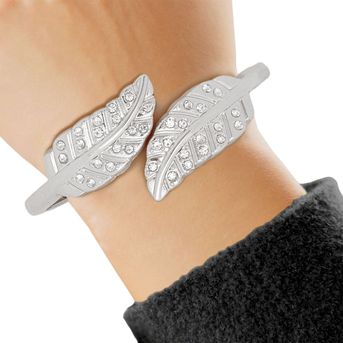 Cuff Polished Silver Rhinestone Wrap Leaf Bracelet