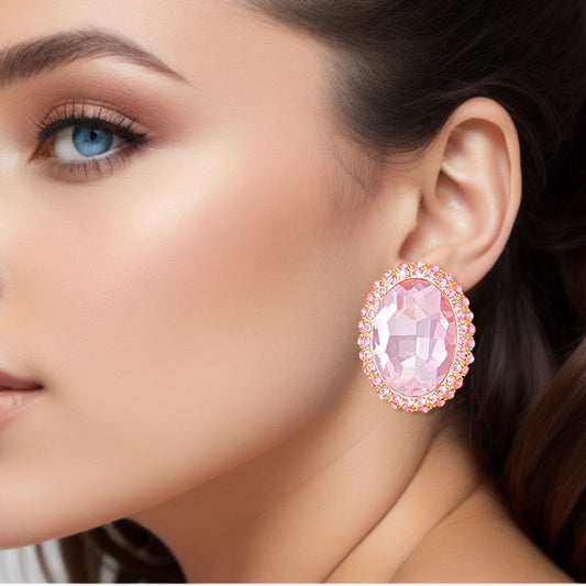 Pink Oval Halo Studs