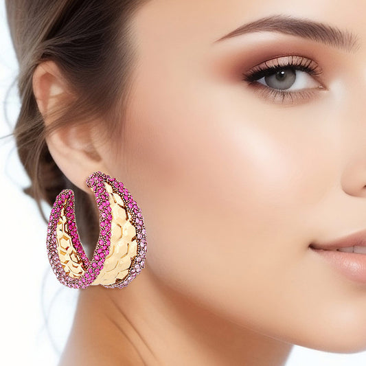 Hoops Fuchsia Stone Hexagon Earrings for Women