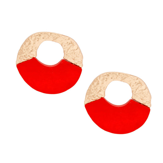 Studs Medium Gold Red Wood Circle Earrings Women