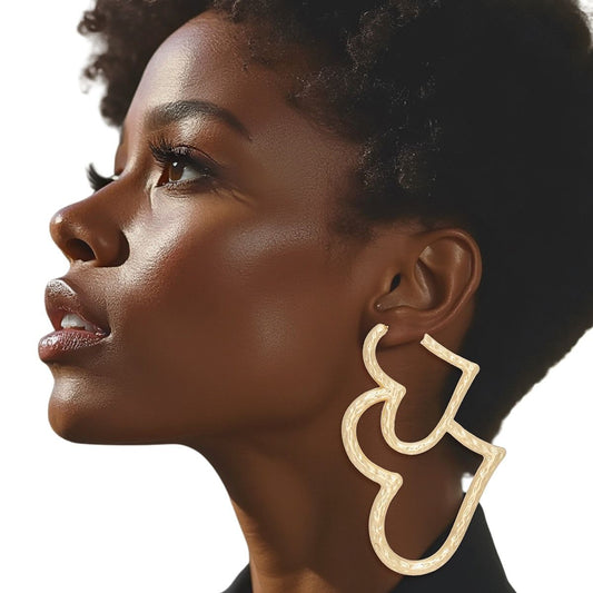 Hoop Large Gold Metal Double Heart Earrings Women
