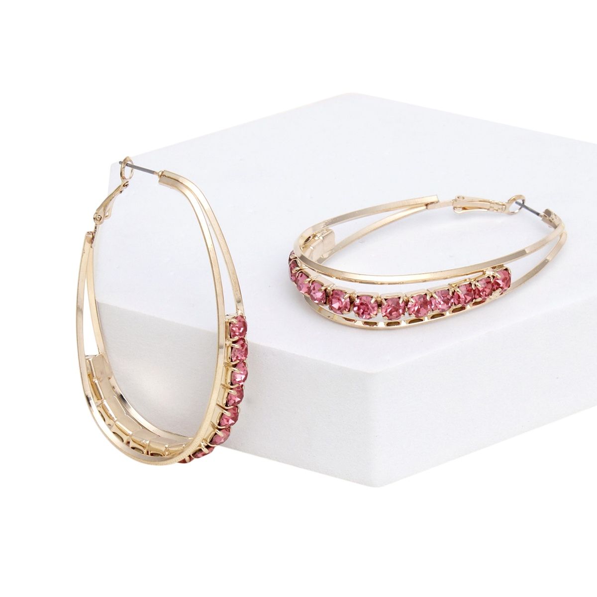 Hoops Oval Gold Split Fuchsia Rhinestone Earrings