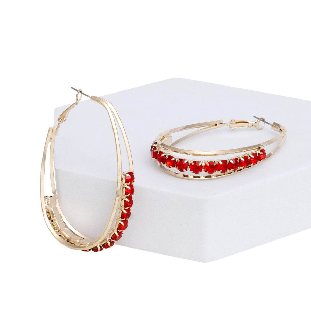 Hoops Oval Gold Split Red Rhinestone Earrings