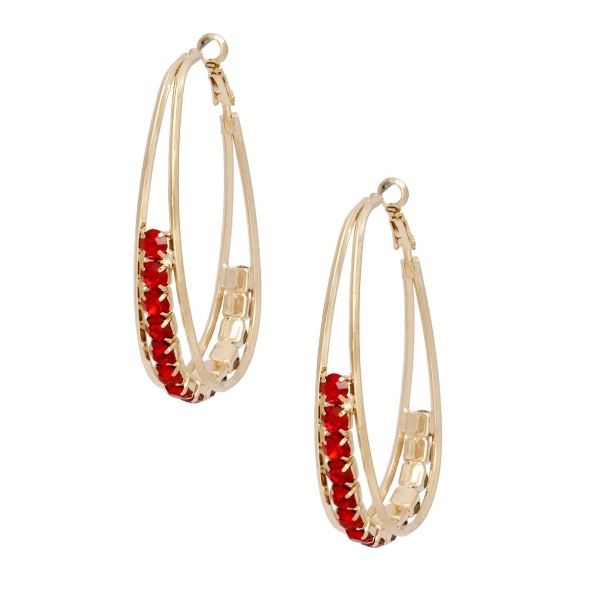 Hoops Oval Gold Split Red Rhinestone Earrings