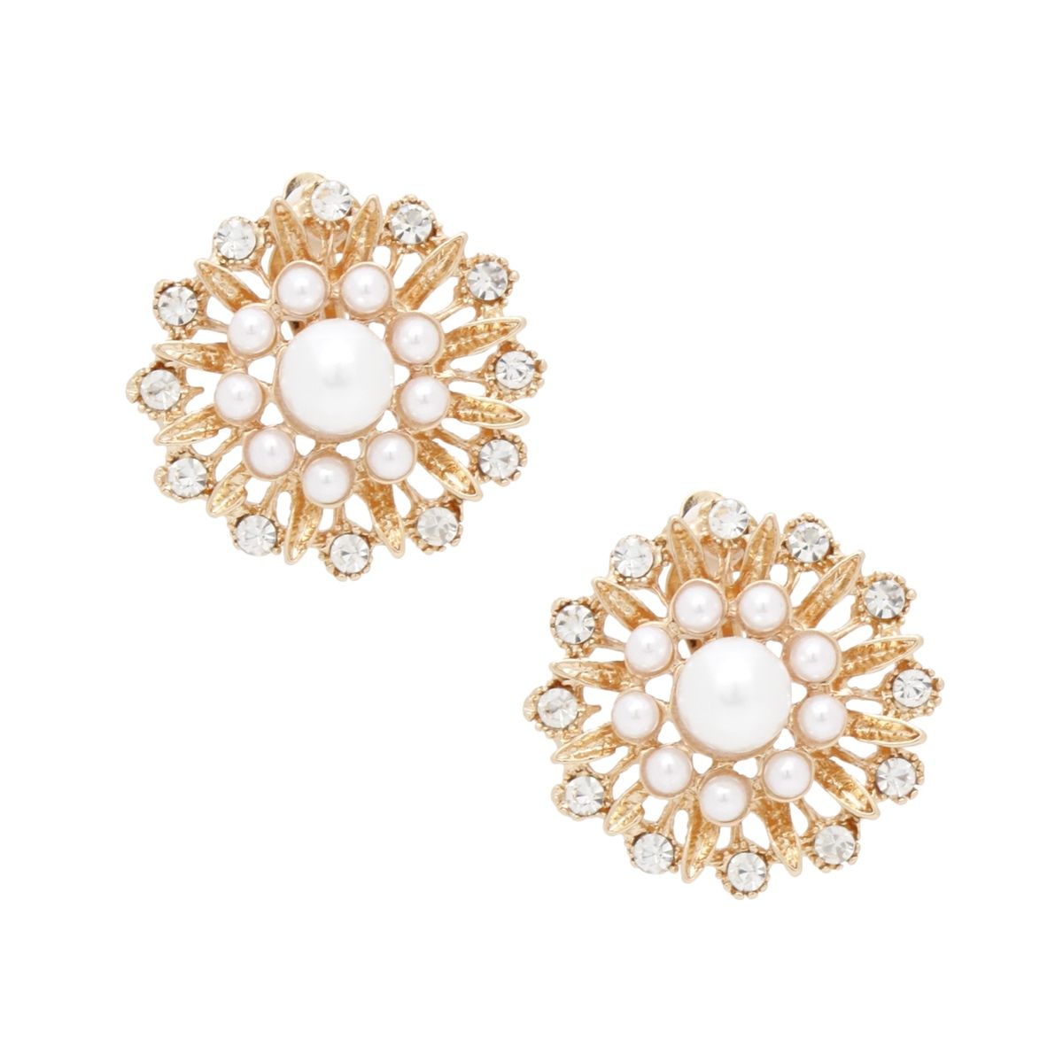 Clip On Runway Worthy Gold Pearl Round Earrings