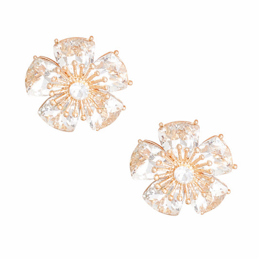 Clip On Gold Medium Crystal Flower Earrings Women