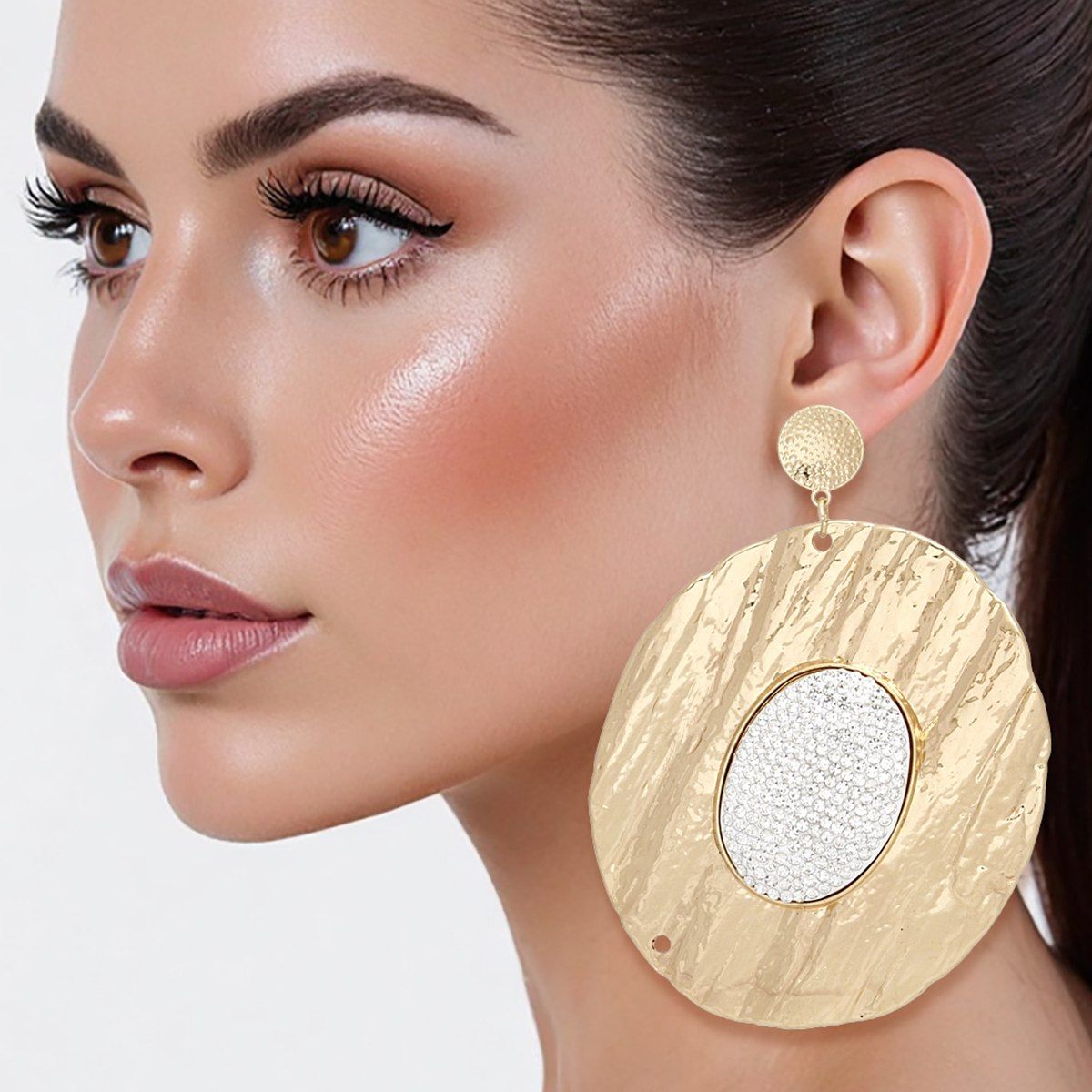 Drop Dramatic Large Gold Oval Clear Inset Earrings
