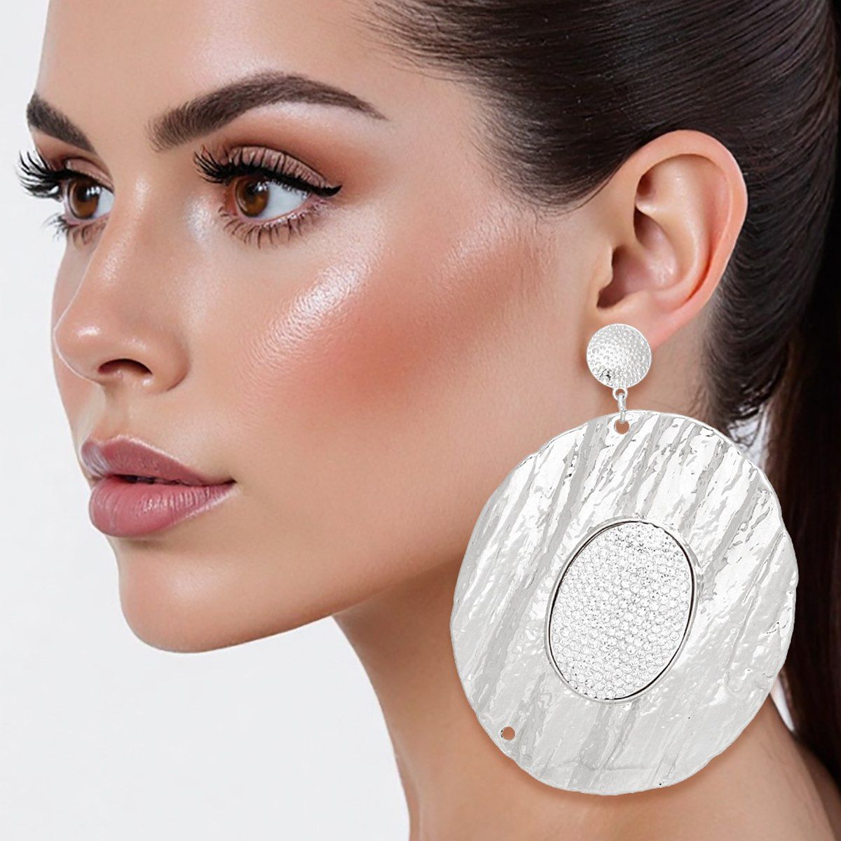 Drop Dramatic Large Silver Oval Inset Earrings