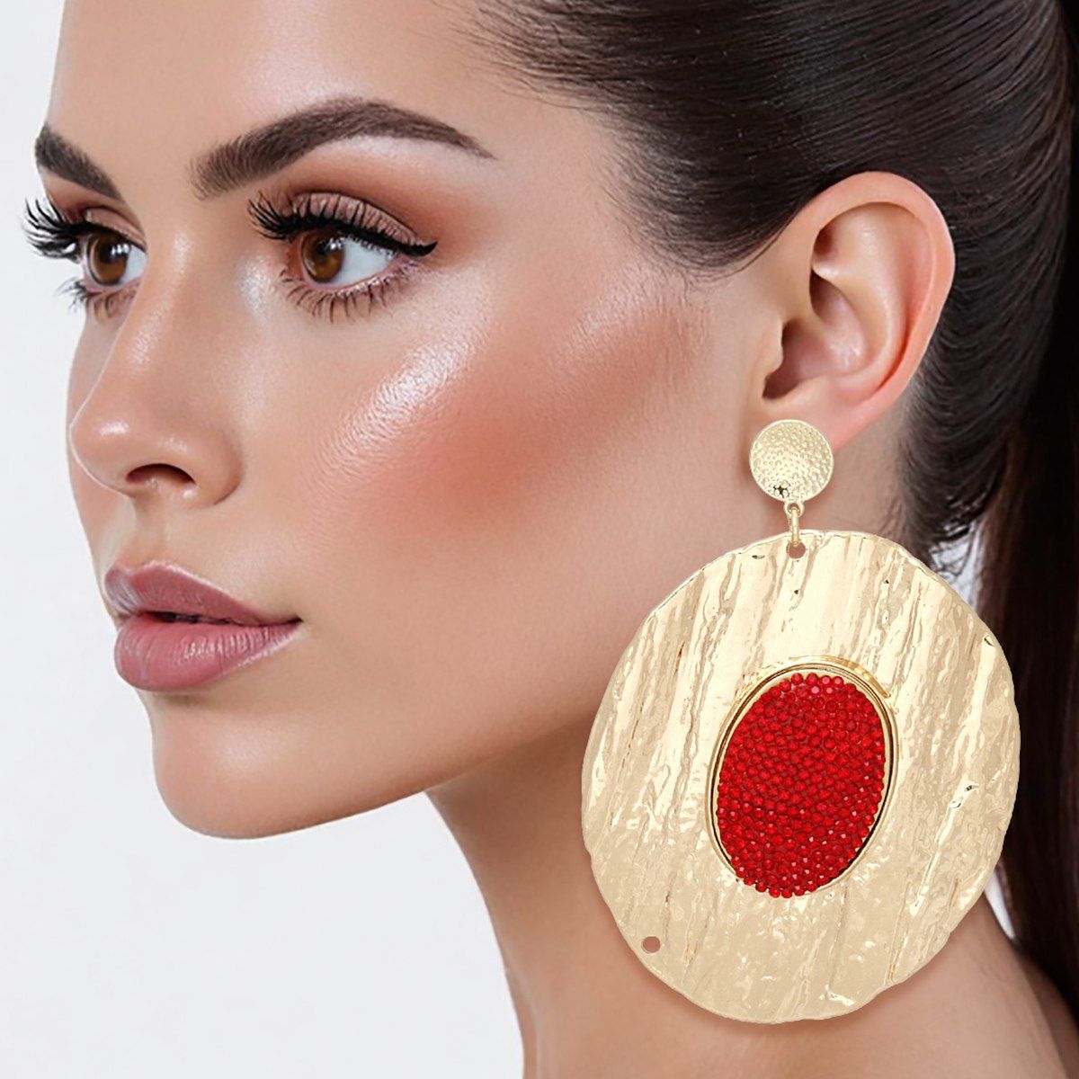 Drop Dramatic Large Gold Oval Red Inset Earrings