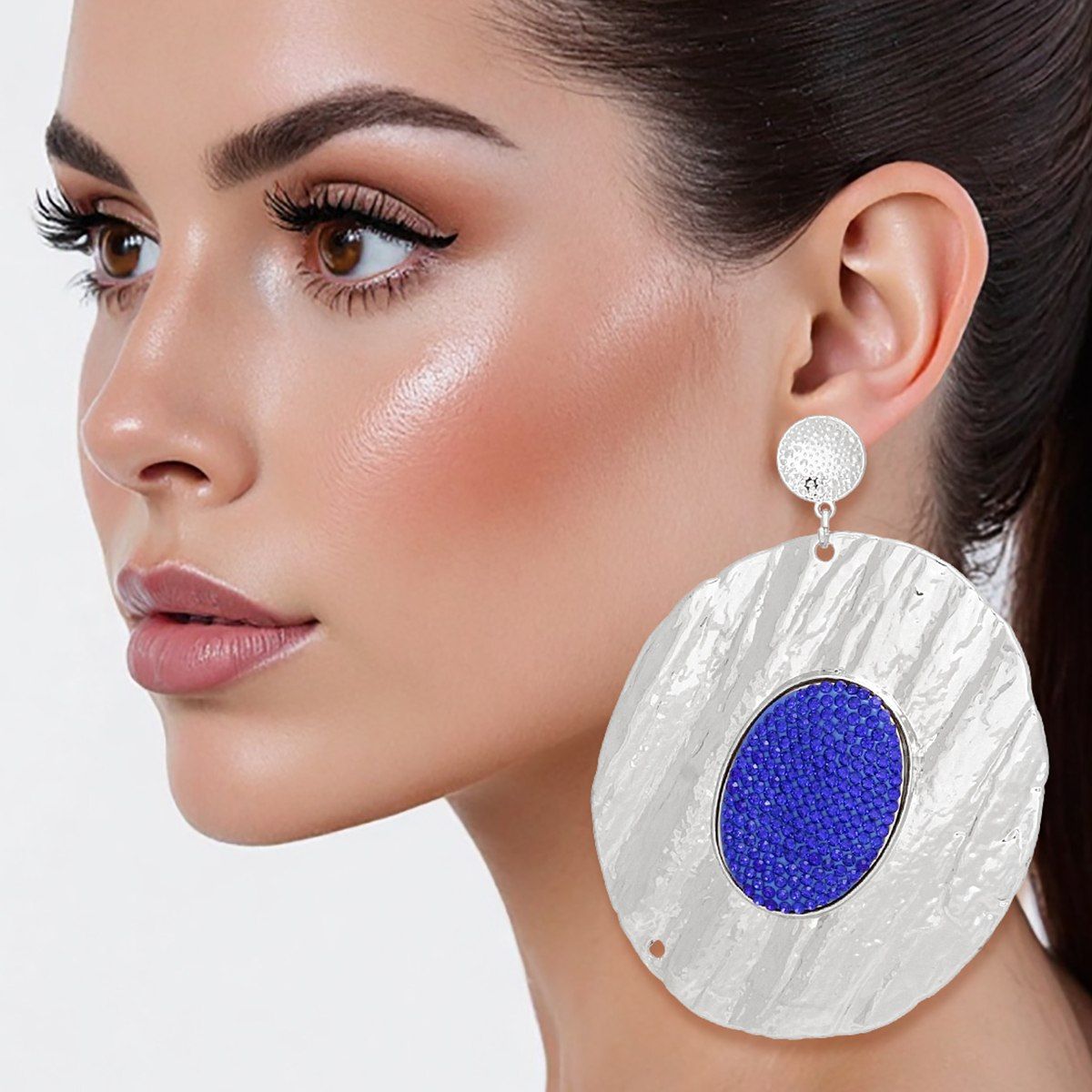 Drop Dramatic Large Silver Oval Blue Inset Earring
