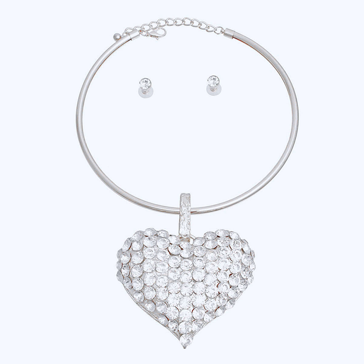 Silver Rigid Collar XL Rhinestone Heart Set