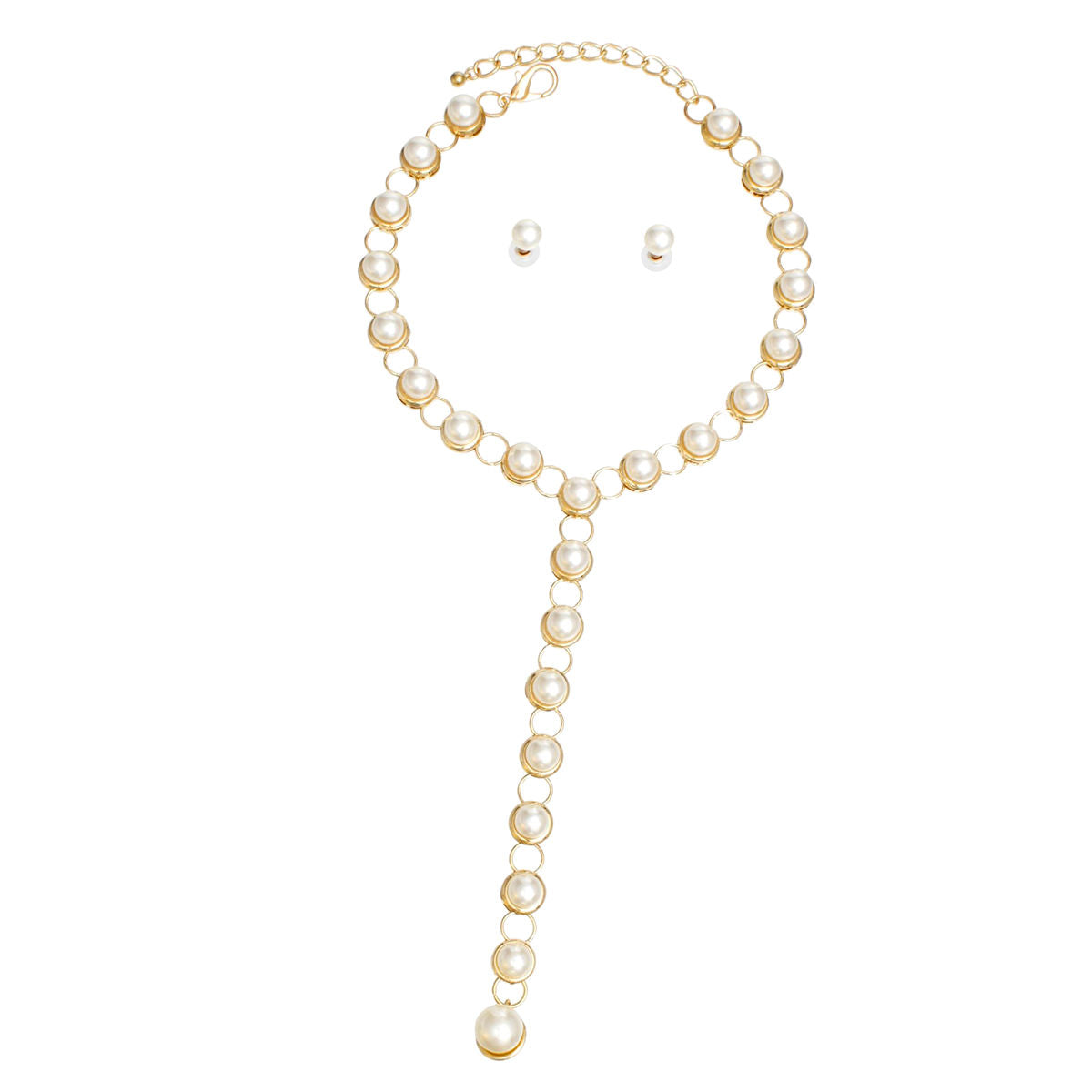 Y Necklace Gold Round Link Cream Pearl Set Women