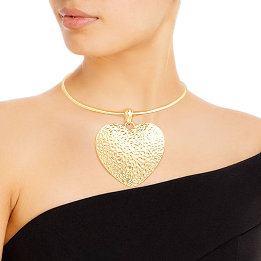 Gold Hammered Metal Heart Choker Set