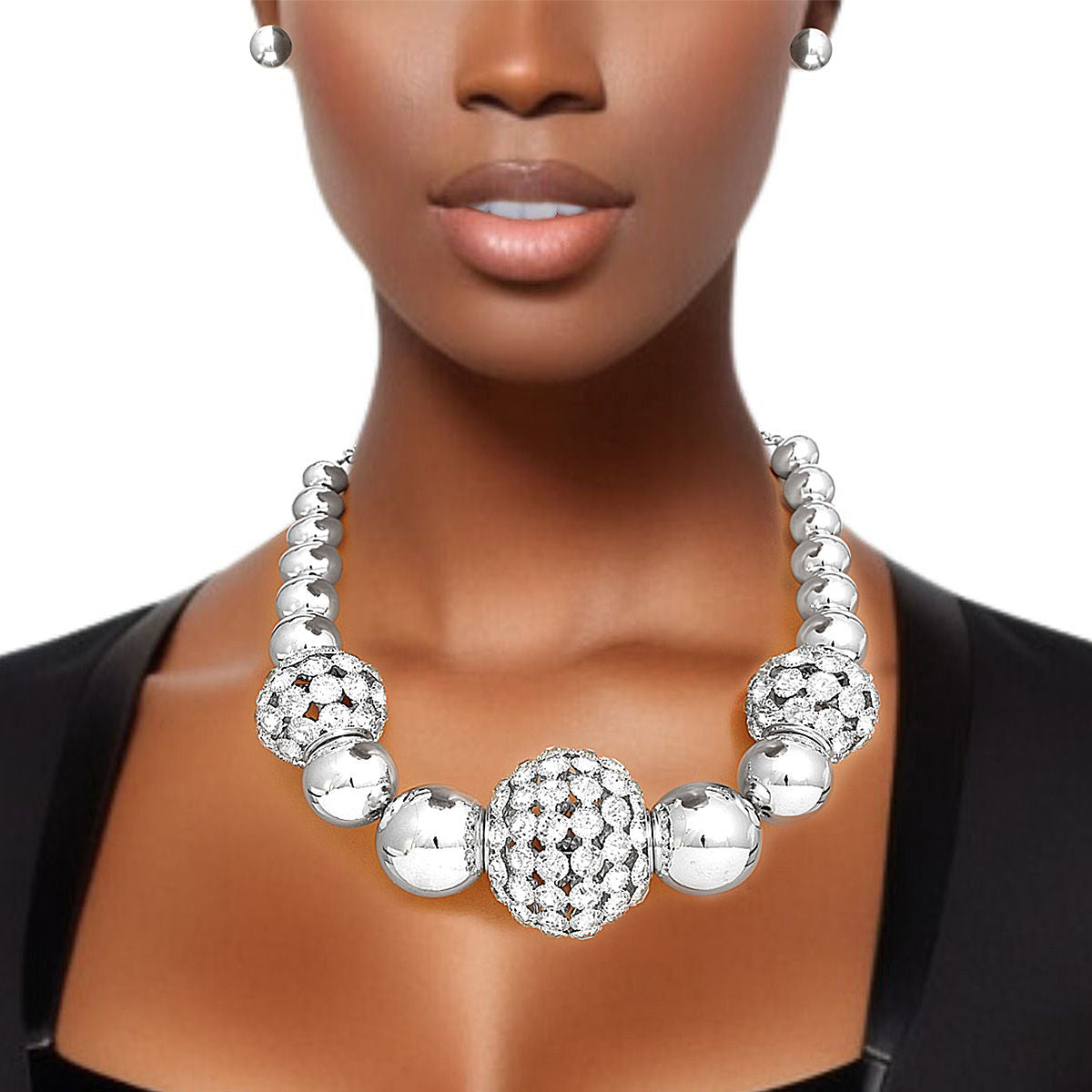 Bead Necklace Silver Rhinestone Jumbo Set Women