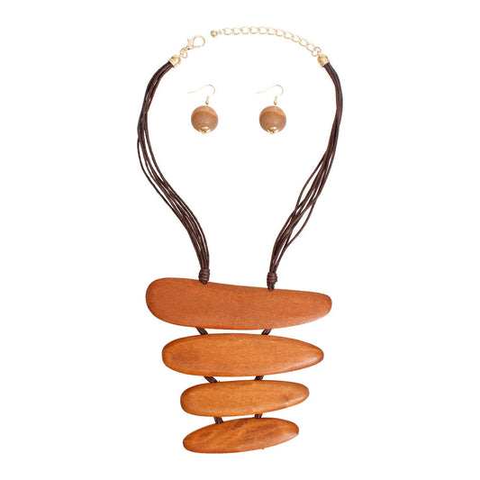 Necklace Brown Wood Stacked Set for Women