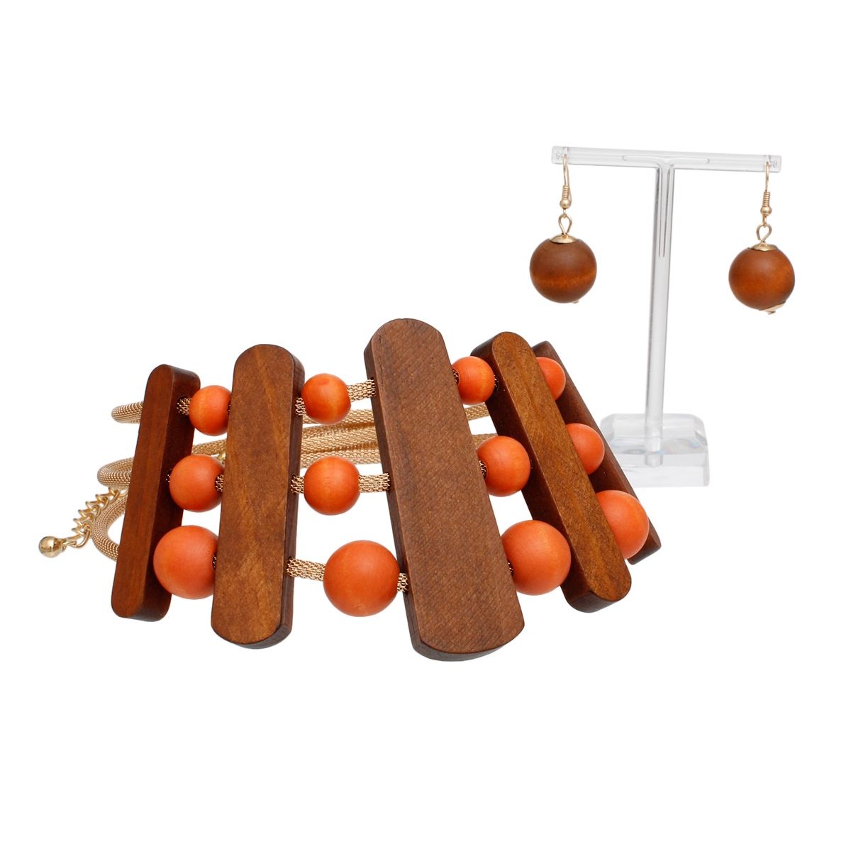 Necklace Brown Orange Wood Choker Set for Women