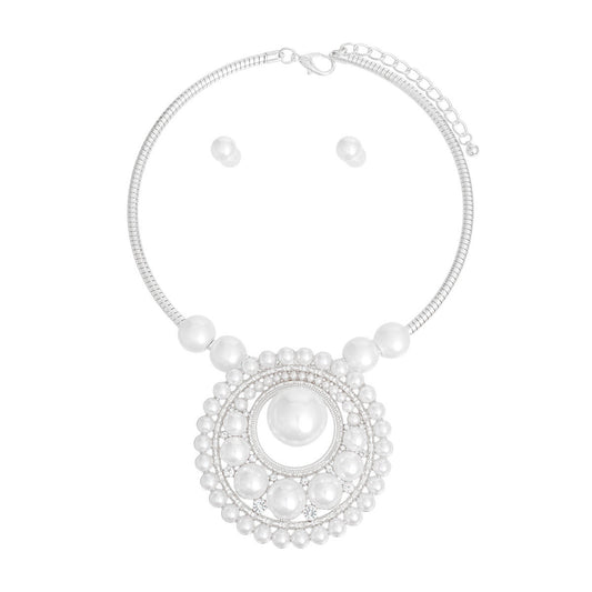 Pendant Necklace Silver Pearl Circular Set Women