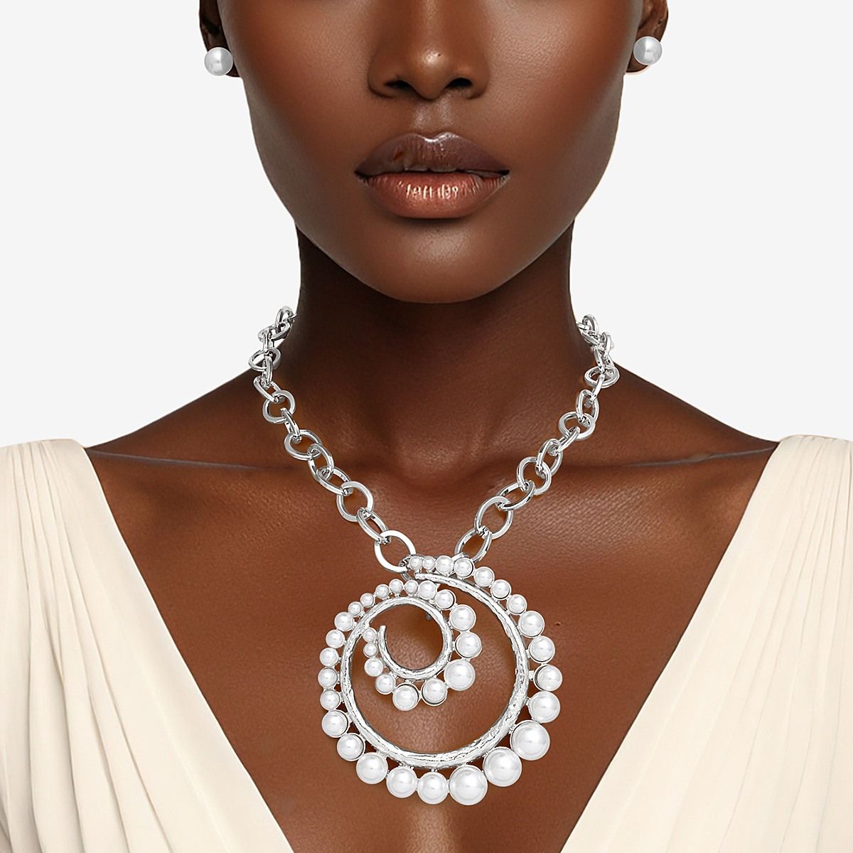 Pendant Spiral Pearl Silver Chain Modern Necklace