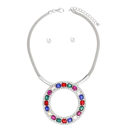 Necklace Radiant Halo Crystal Pendant Silver Multi