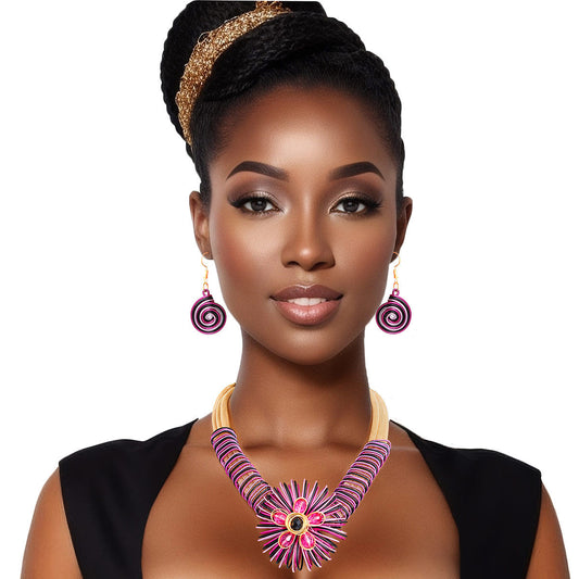 Statement Necklace Fuchsia Wire Flower Set Women