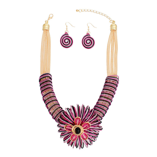 Statement Necklace Fuchsia Wire Flower Set Women