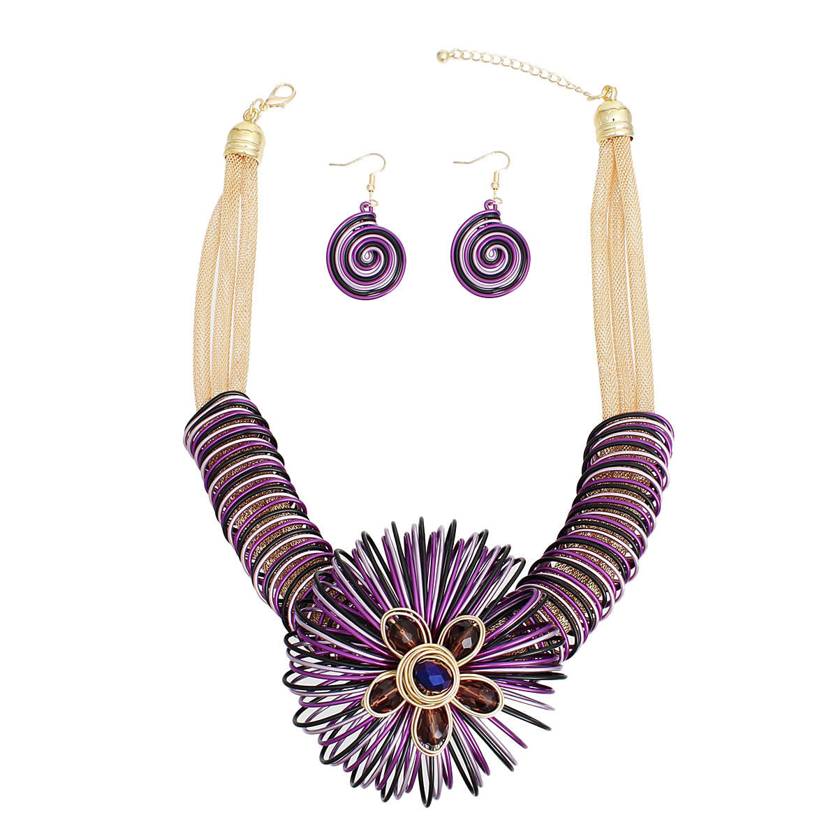 Statement Necklace Purple Wire Flower Set Women