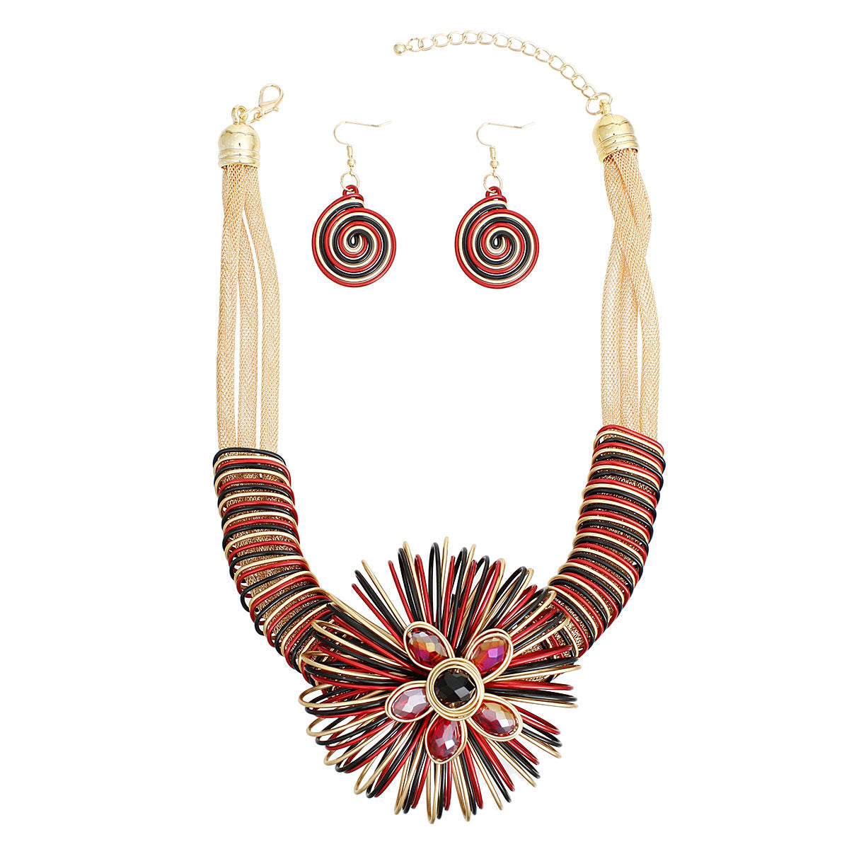 Statement Necklace Red Wire Flower Set for Women