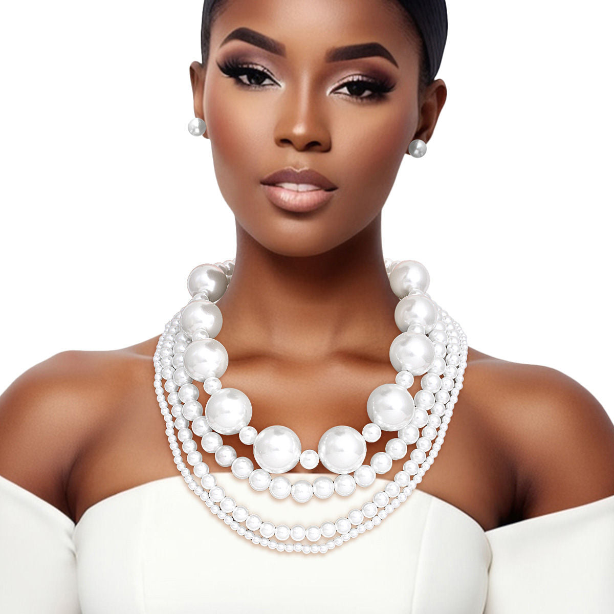 Pearl Necklace White Jumbo 4 Strand Set for Women