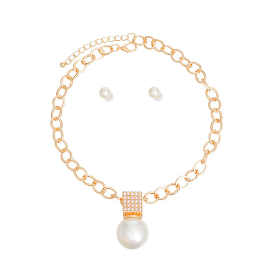 Chain Necklace Gold Pearl Pendant Set for Women