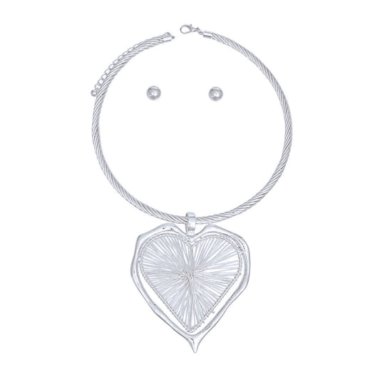 Pendant Necklace Silver Wire Heart Set for Women