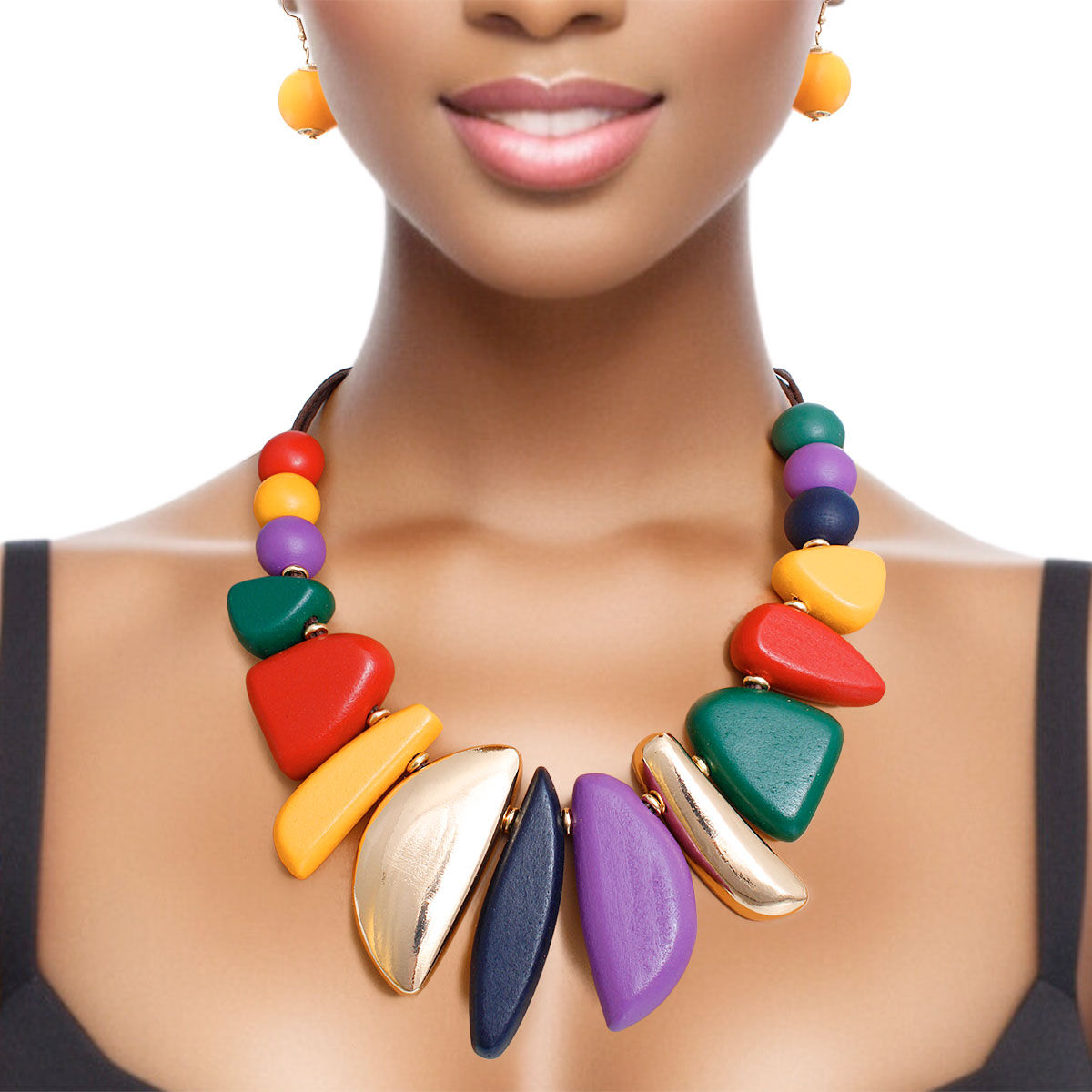 Bib Necklace Multi Wood Metal Set for Women