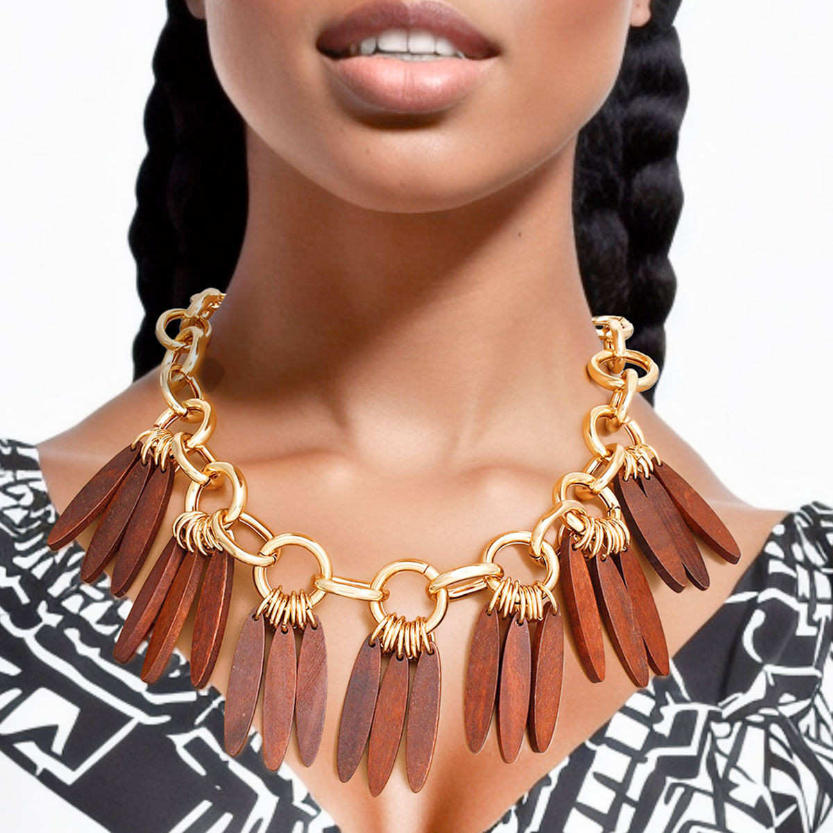 Necklace Tribal Brown Wood Fringe for Women