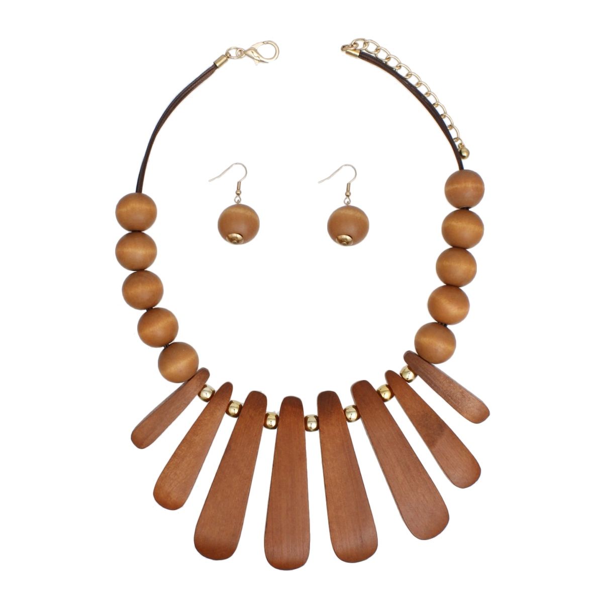 Bib Refined Tribal Brown Wood Curved Bead Necklace