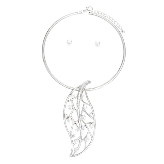 Necklace Silver Rhinestone Leaf Pendant Set Women