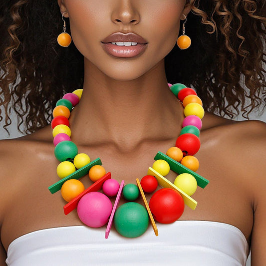 Bib Chunky Rainbow Wood Geometric Bead Necklace