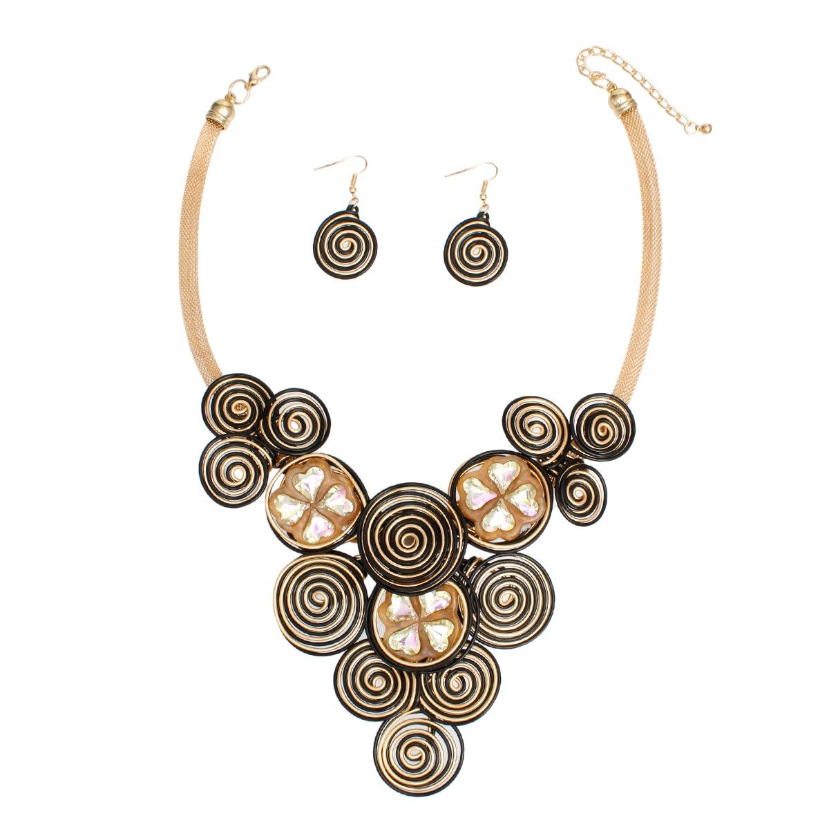 Necklace Black Gold Coiled Wire Clover Bib Set