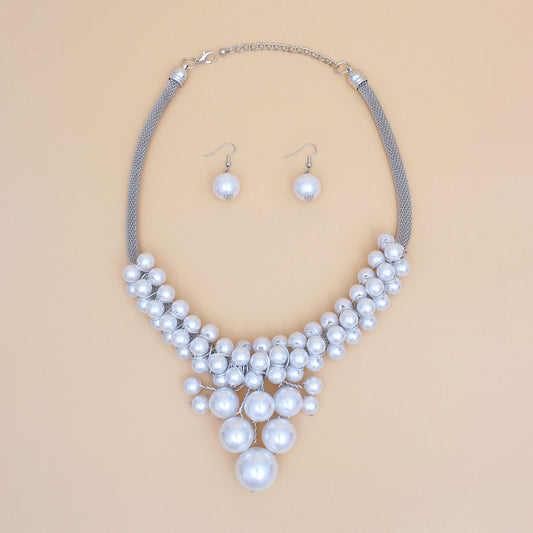 Necklace Cluster Pearl Silver Mesh Chain Set Women