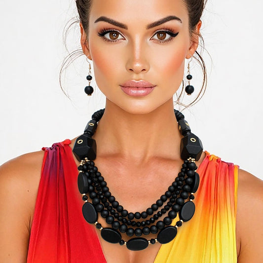 Beaded Eco-Chic Black Geo Wood Layered Necklace