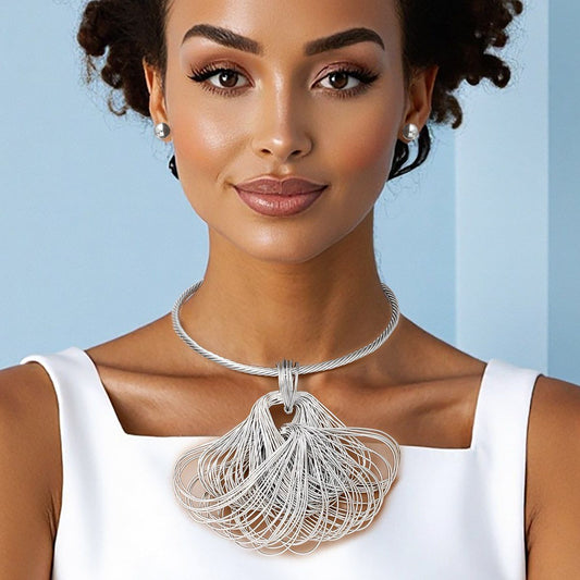 Pendant Silver Large Fanned Metal Wire Necklace