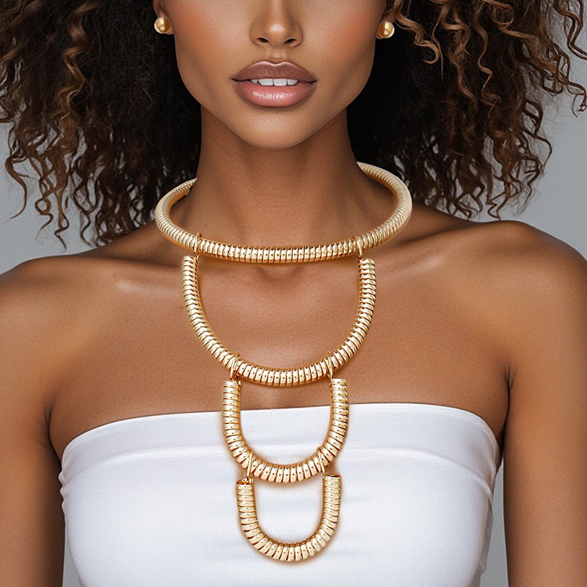 Bib Gold Rigid Coiled Spring U Drop Necklace