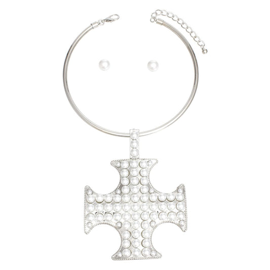 Pendant Silver Pearl Cross Pattee Necklace Women