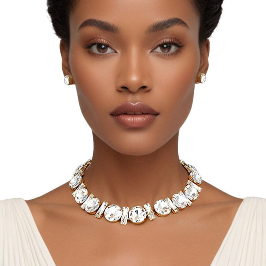 Jeweled Collar Gold Round Baguette Crystal Set