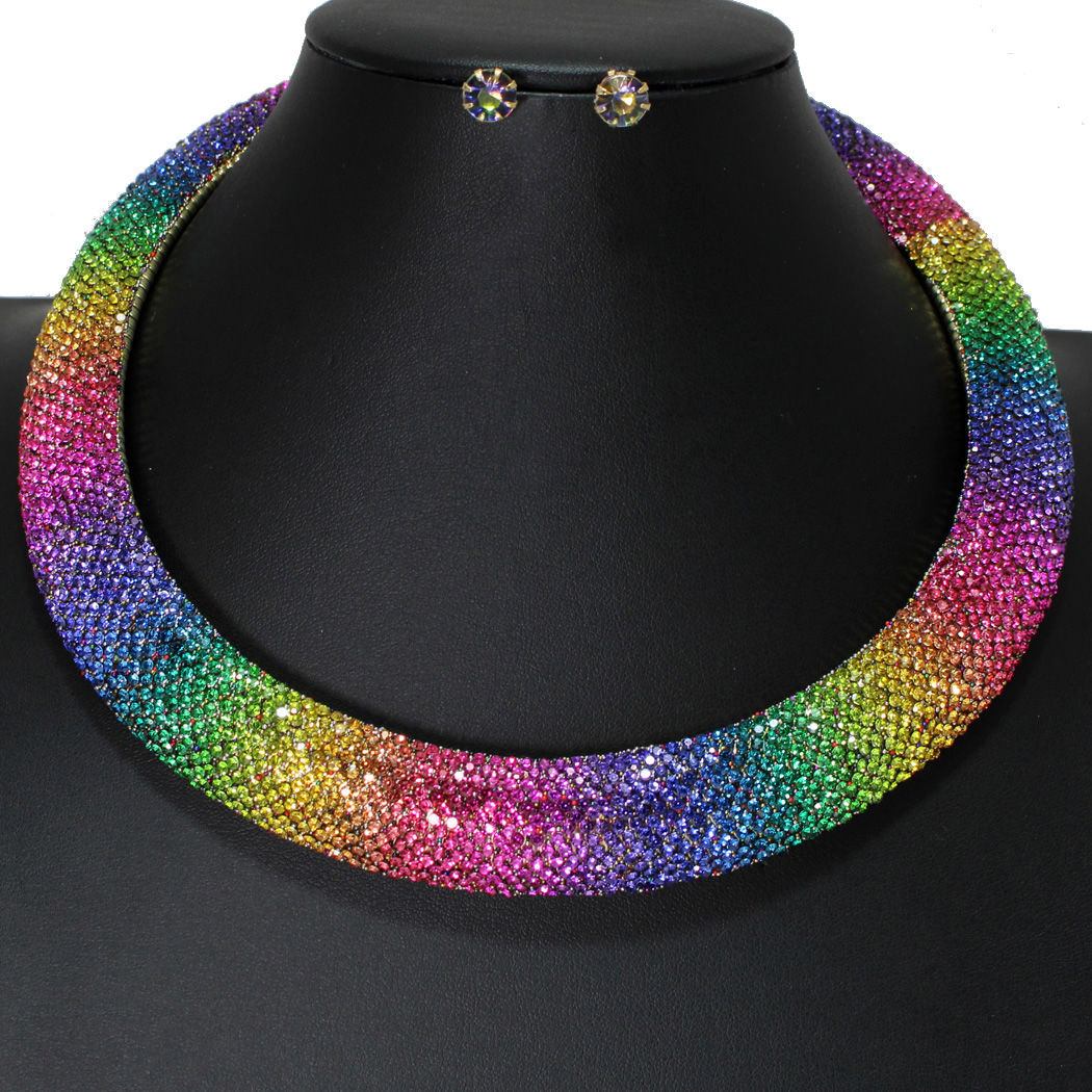 Collar Pave Rainbow Stone Torque Necklace Women