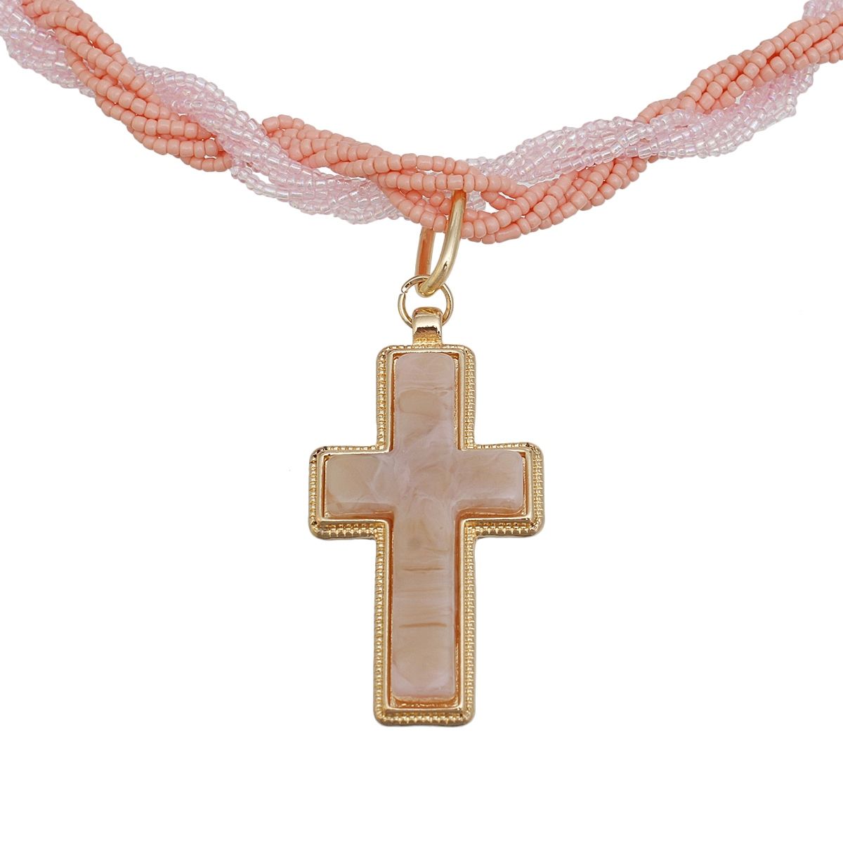 Pendant Pink Twisted Bead Marbled Cross Necklace