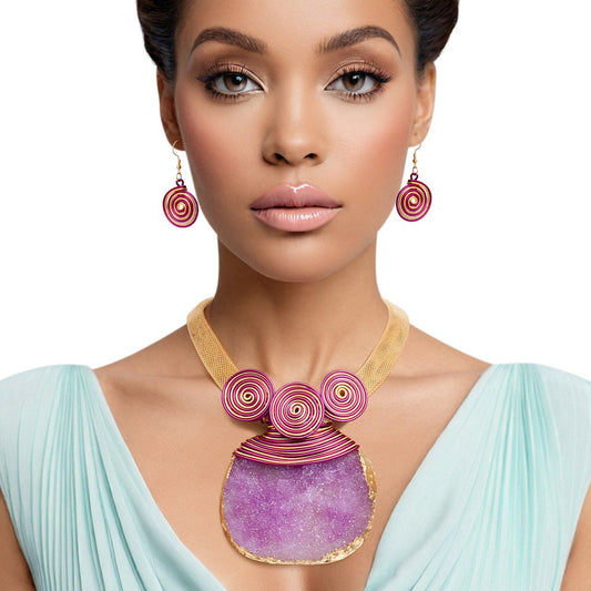 Pendant Purple Druzy Stone Wire Tribal Necklace