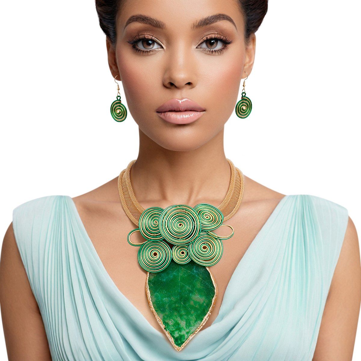 Pendant Green Resin Leaf Wire Tribal Necklace