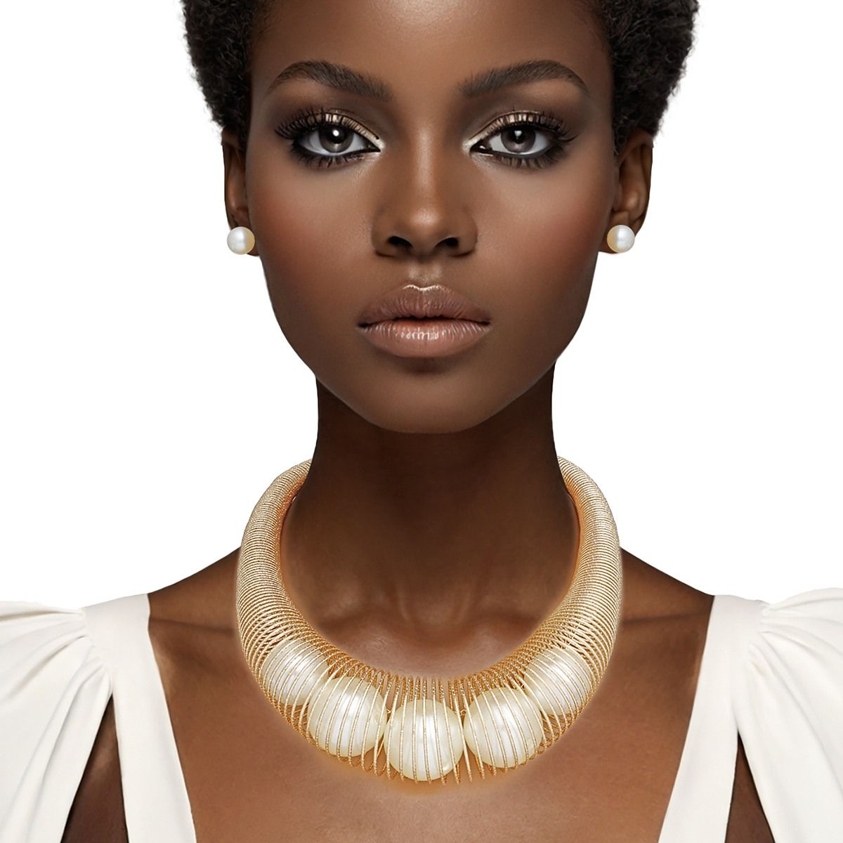Collar Gold Spring Chain Pearl Filled Necklace
