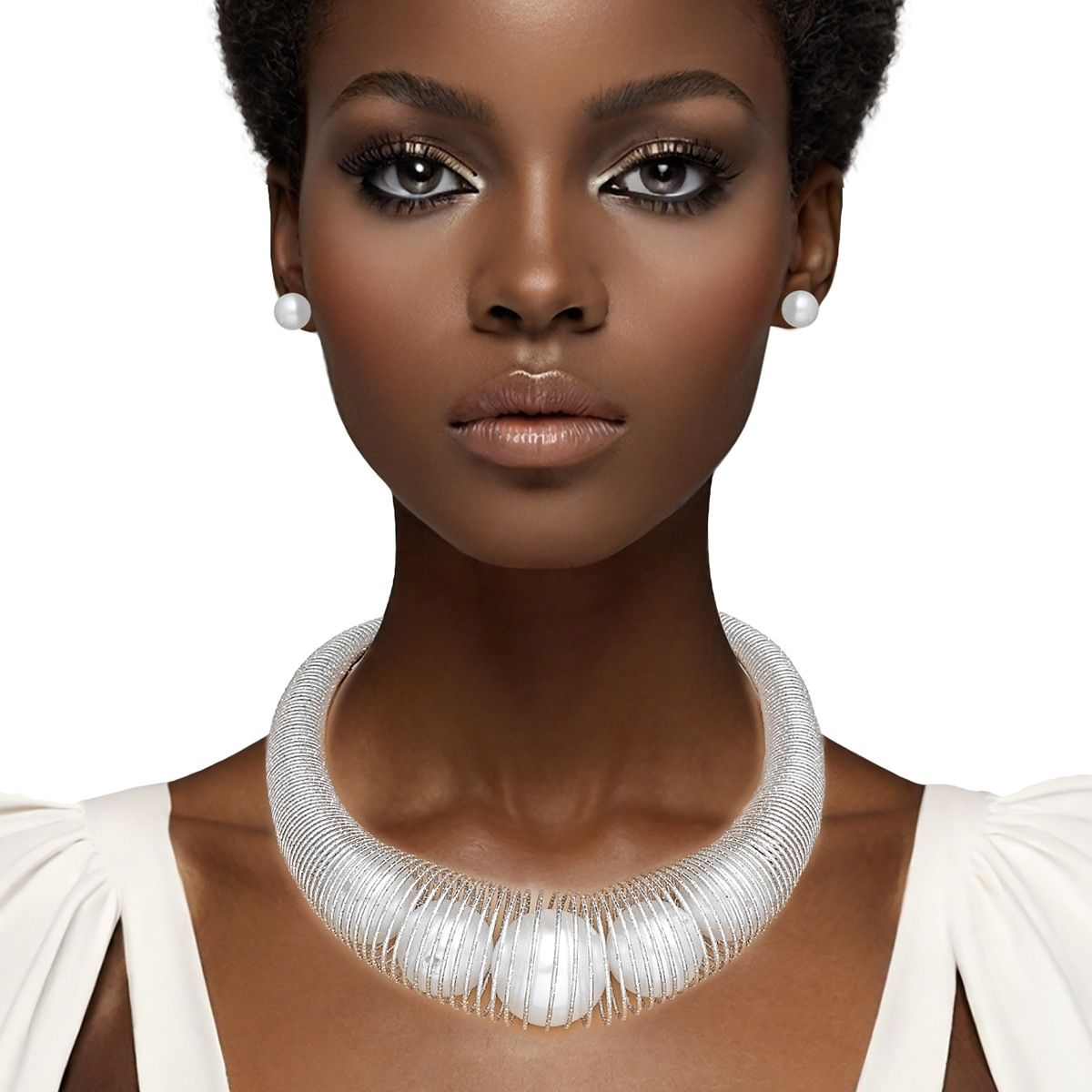 Collar Silver Spring Chain Pearl Filled Necklace