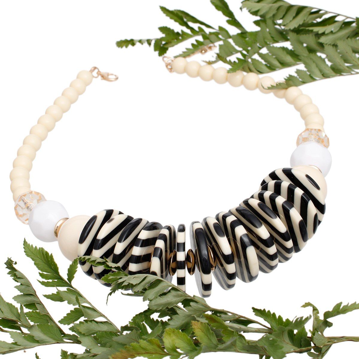 Beaded Funky Ivory and Black Disc Necklace Set